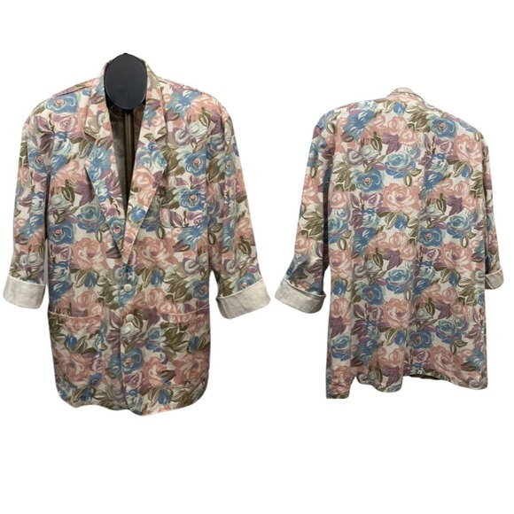 Vintage Rose Pastel Floral Cotton Shirt Jacket Blazer / Oversised Large * - Picture 3 of 4